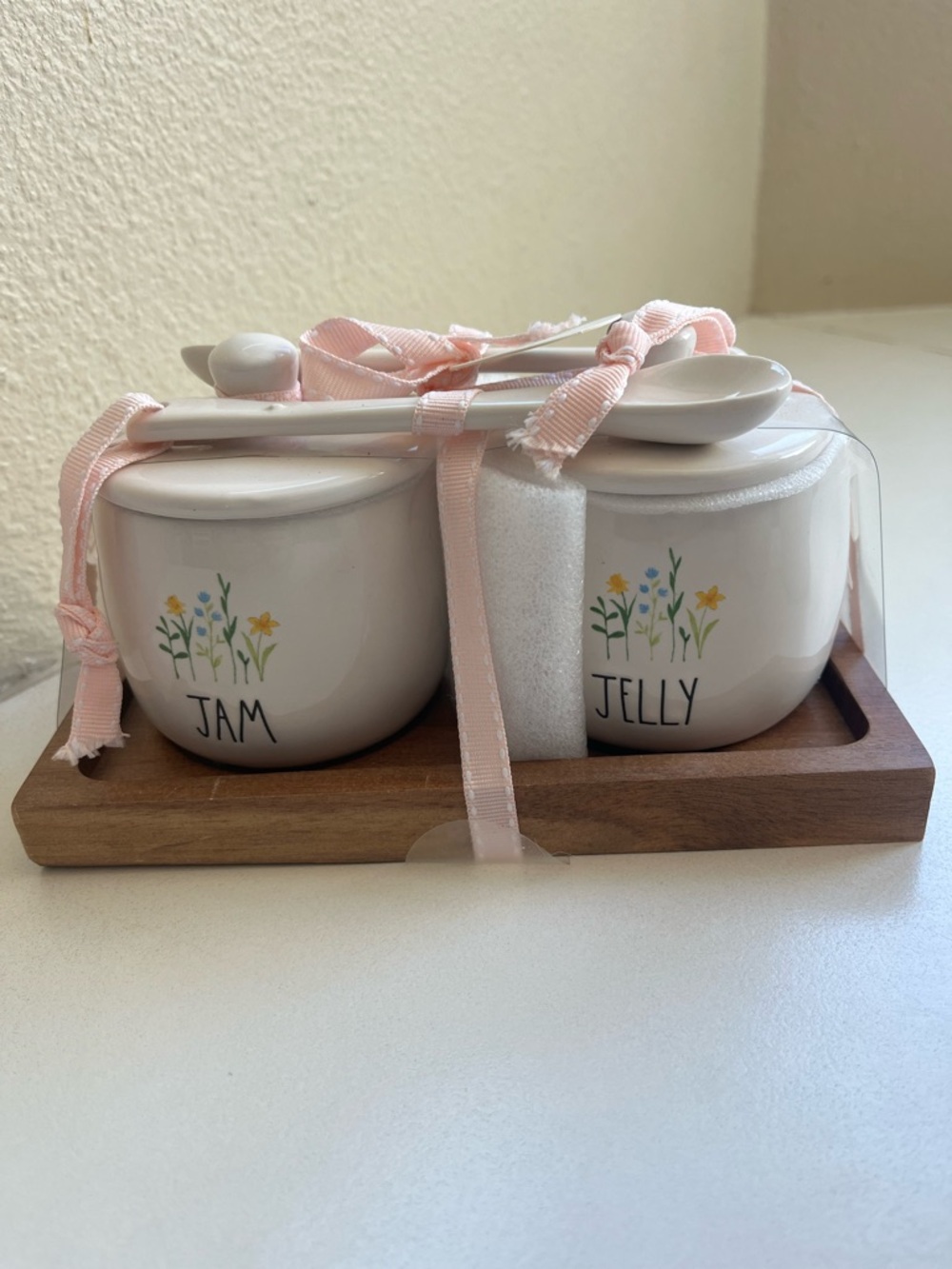 Rae Dunn White Jam & Jelly Ceramic Jars with Pastel Florals